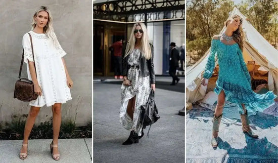 Three women modeling dresses.